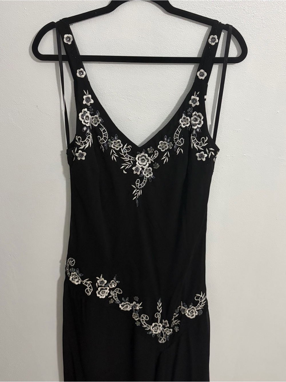 R&M Richards Vintage Black Dress with White Floral Embroidery
